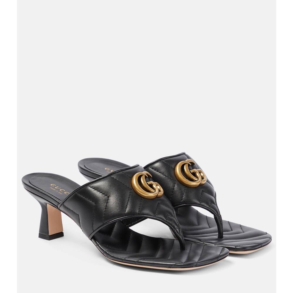 Gucci Marmont Chevron Double G 39.5/ US 9.5 Thong Heel Sandals Black Leather NIB